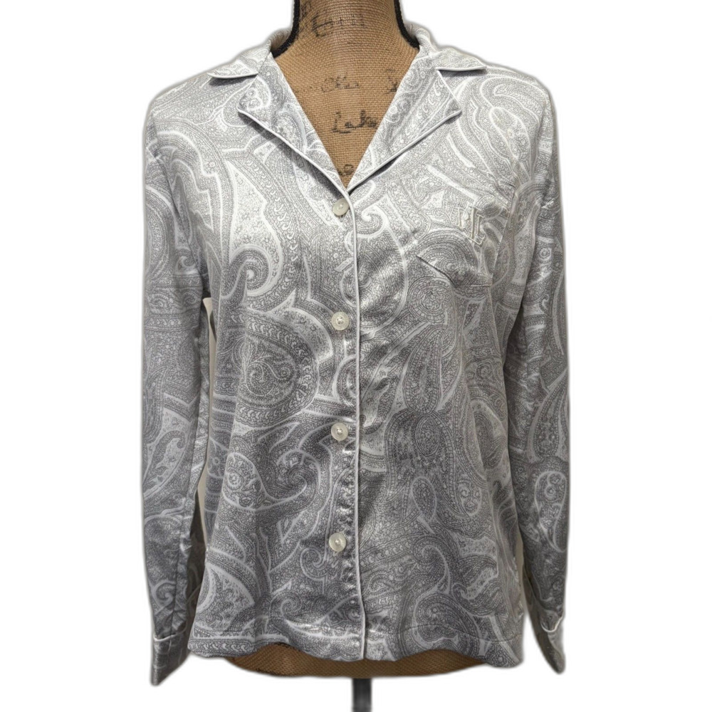 Lauren Ralph Lauren Satin Pajama Top Monogrammed Pocket‎ Gray Paisley Size Small